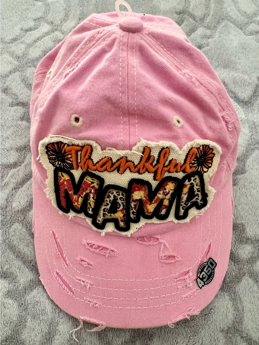 4350 District Thankful Mama Pink Distressed Baseball Cap Floral Leopard Hat NWOT